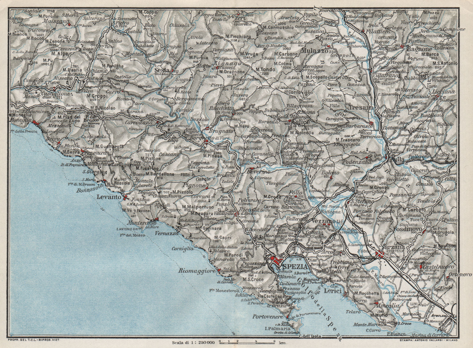 ITALIAN RIVIERA LIGURE LEVANTE. La Spezia Levanto Sarzana 1924 old antique map